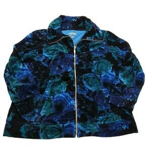 Style & Co Jacket PL Women's Green-Blue Velour FullZip Collared Sport LongSleeve